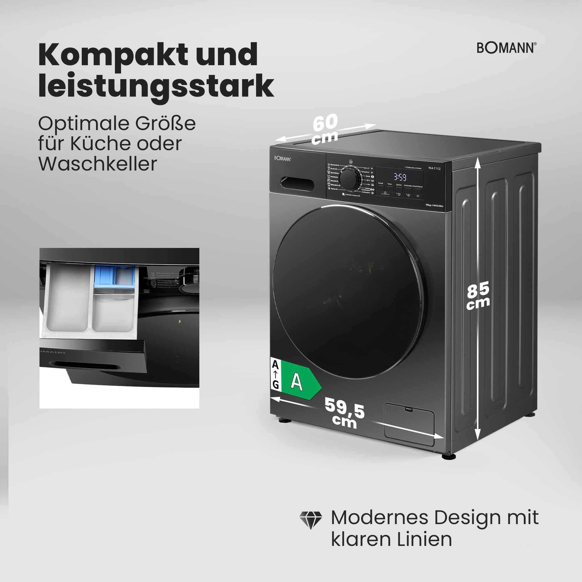 Bomann® Waschmaschine 10kg | 5 Jahre Motor-Garantie | Invertermotor - effizient, leise & langlebig | inkl. Aqua-Stop | max. 1400 U/min | 15 Programme | LED-Display | Washing Machine | WA 7112 schwarz