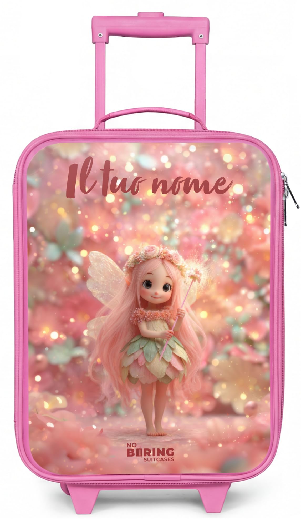 NoBoringSuitcases© Valigia Rosa Per Bambini Personalizzato Con Un Nome | 48x31x19 cm - Bagaglio Ultraleggero Trolley A Mano Rigidi LED Ruote Valigie Bimbi - Ragazze - Fata dei fiori - Mondo