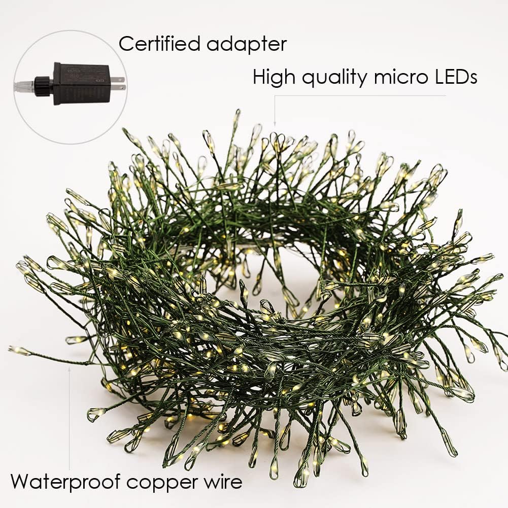 Firecracker Fairy Lights Plug in,100ft 1000LEDs Green Wire Cluster String Lights,Waterproof 8 Modes Remote Twinkle Light for Outdoor Indoor Garden Bedroom Christmas Tree Holiday,Warm White