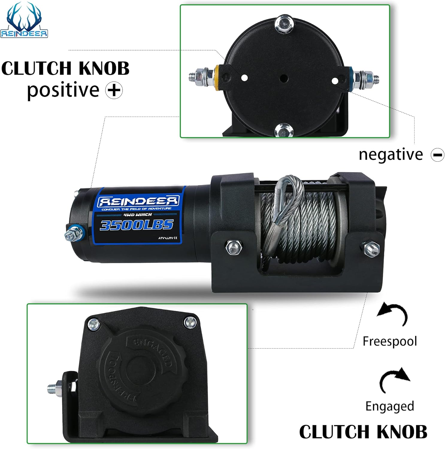 REINDEER New 12V Winch 3500 lb Load Capacity Electric Winch Kit for ATV UTV Steel Cable Wire Rope with Hawse Fairlead Waterproof IP67 with Wireless Remotes