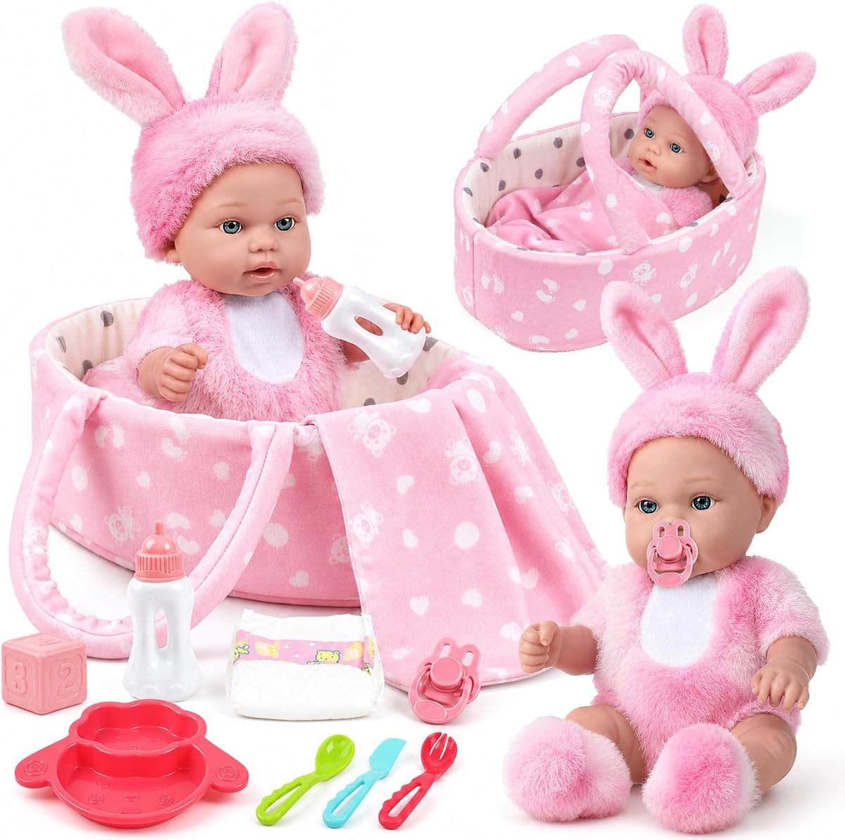 Cleboen 12" Baby Doll Set with Carrier Bassinet Bed, 13PCS Baby Doll Accessories with Cute Bunny Doll Clothes, Diaper, Blanket & Feeding Set, Pretend Play Toys Birthday Gifts for Girls Ages 3 4 5 6