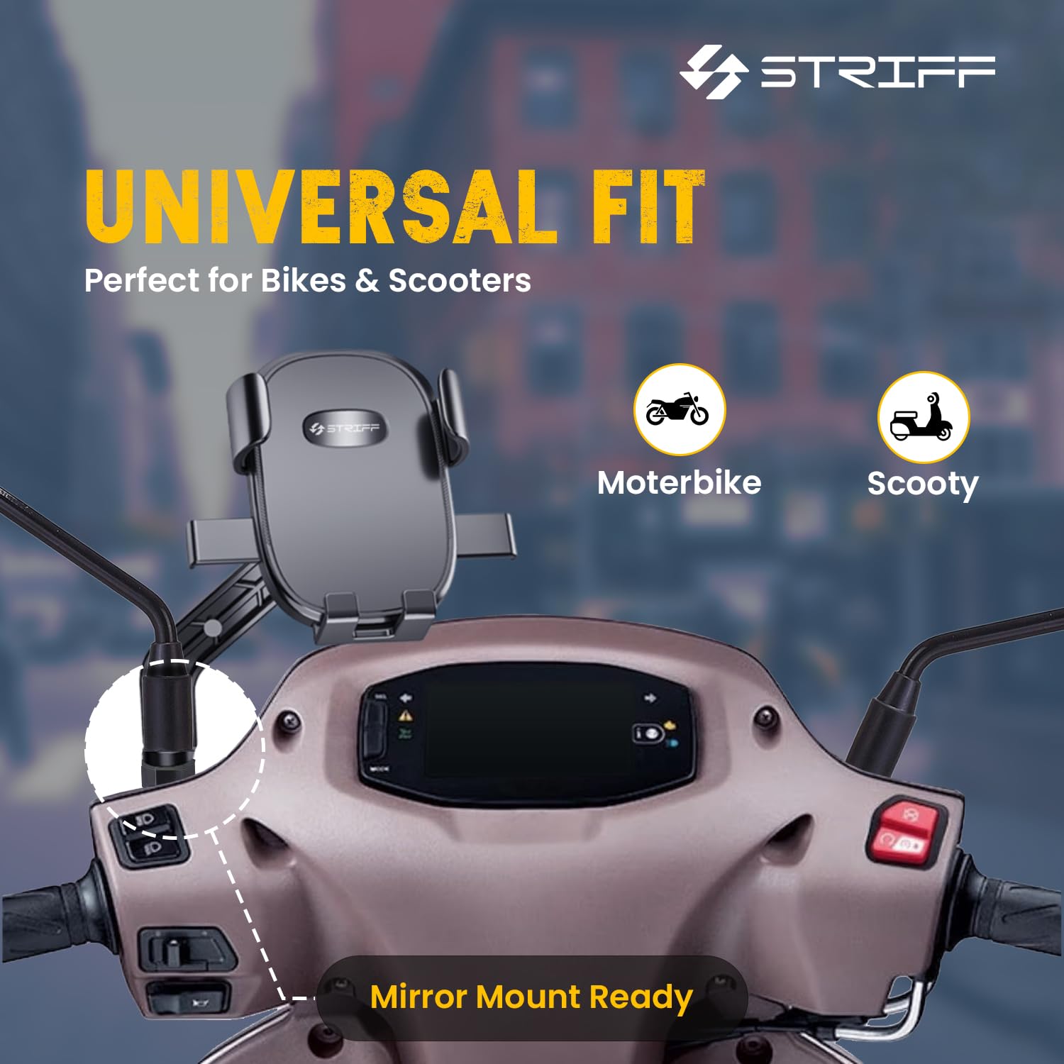 STRIFF Aeroride Mirror Mount Bike Mobile Phone Holder | 360° Rotatable Smartphone Stand for Bicycle & Motorcycle | Anti-Shake Secure Grip | for 4.7 to 6.8 Inch Devices | Mirror Handlebar Mount, Black — Amazon image 2