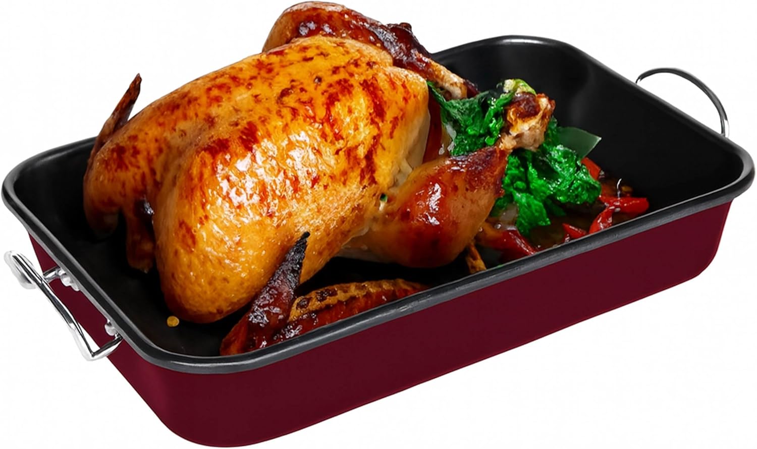 Roasting Pan with Rack – 15.75" Turkey Roaster Pan with V-Rack, Nonstick Oven Pan for Cooking, Baking & Roasting – Sturdy Handles for Easy Transport, Easy Cleanup, Burgundy