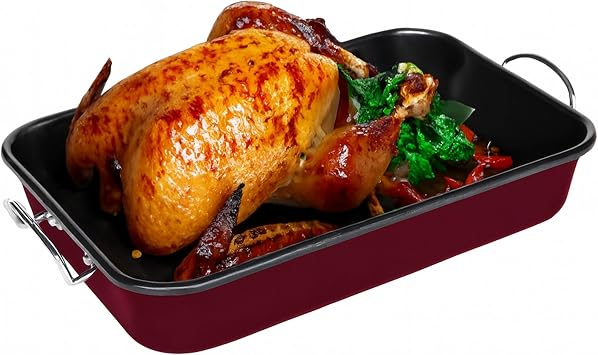 Roasting Pan with Rack 15.75" Turkey Roaster Pan with V-Rack, Nonstick Oven Pan for Cooking, Baking & Roasting Sturdy Handles for Easy Transport, Easy Cleanup, Burgundy