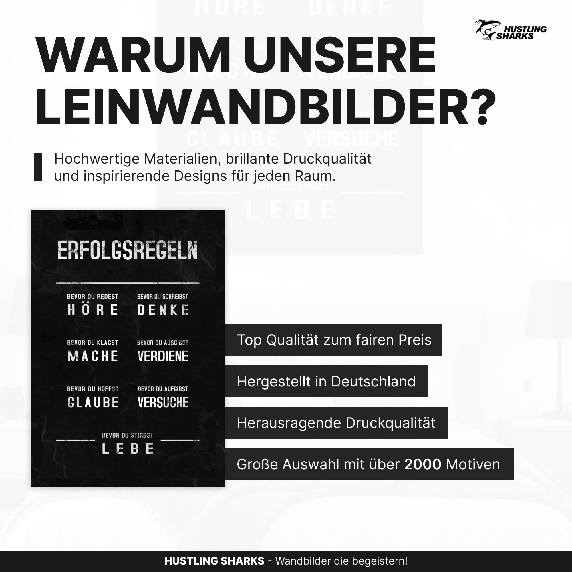 Hustling Sharks® Motivationsbild „Erfolgsregeln“ – Leinwand 40 × 60 cm | XXL Motivationsbild im Hochformat, Bilder Büro, Erfolg Bild, Bilder Spruch, Wanddeko Büro, Bilder Motivation