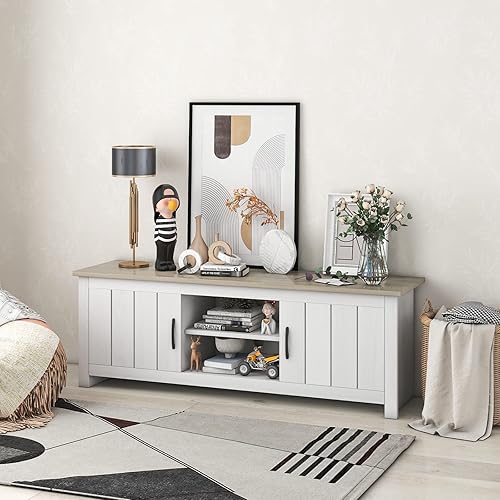 Miniatura 3 de Tangkula Soporte de TV de 2 puertas para televisores de hasta 65 pulgadas, mesa de consola multimedia de 57 pulgadas con 2 gabinetes y estantes
