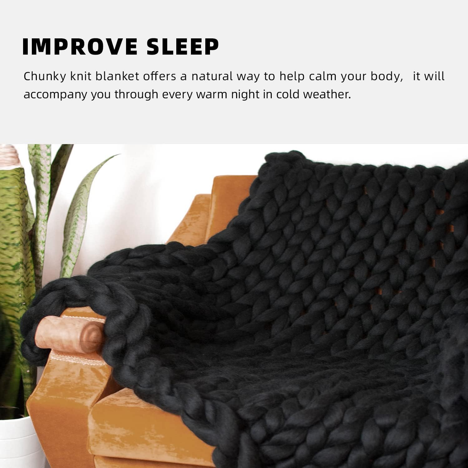 LaoJee Chunky Knit Blanket Merino Wool Blend Handmade Soft Bulky Throw Sofa Chair Home Decor Giant Yarn,Black,47"x60"