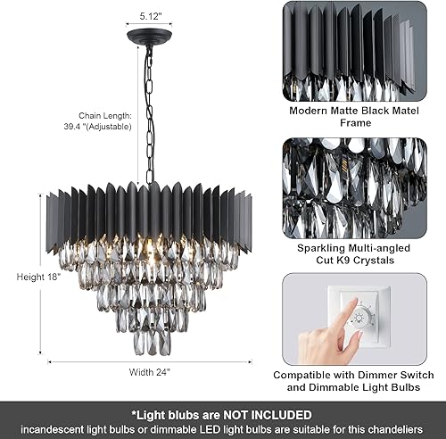 Miniatura 3 de Candelabros de cristal negro, contemporáneos de 24 pulgadas, modernos, lámparas colgantes de montaje empotrado, 12 luces, 5 niveles, K9, lámpara