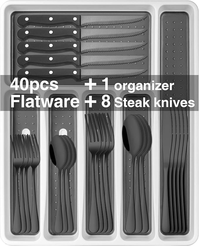 49Piece Black Silverware Set with Organizer, Stainless Steel Flatware
