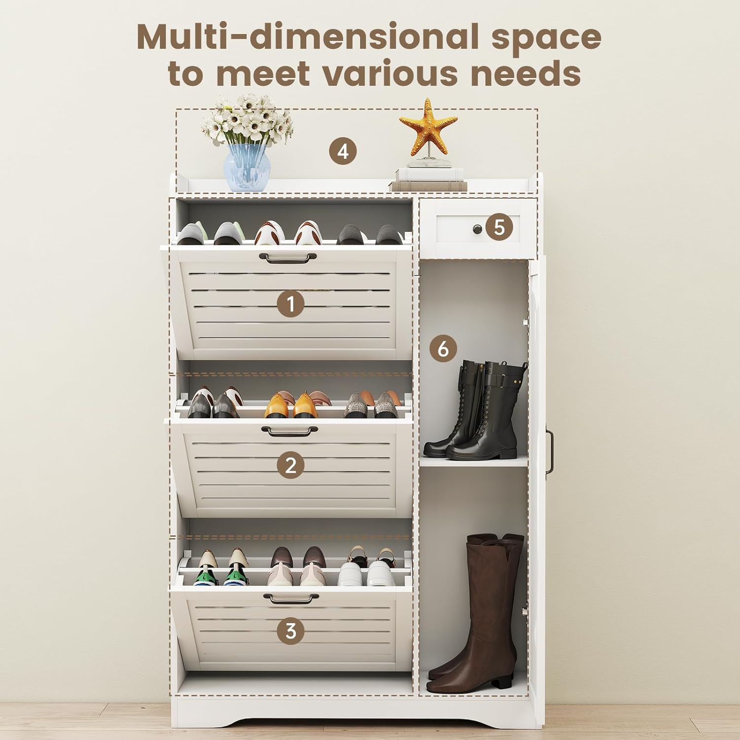 Shoe Storage Cabinet with 3 Flip Drawers, Freestanding Hidden Wooden Shoe Storage, Drawer & Adjustable Shelves, Slim Shoe Organizer for Entryway, Modern Shoe Cabinet for Hallway, bedroom, White