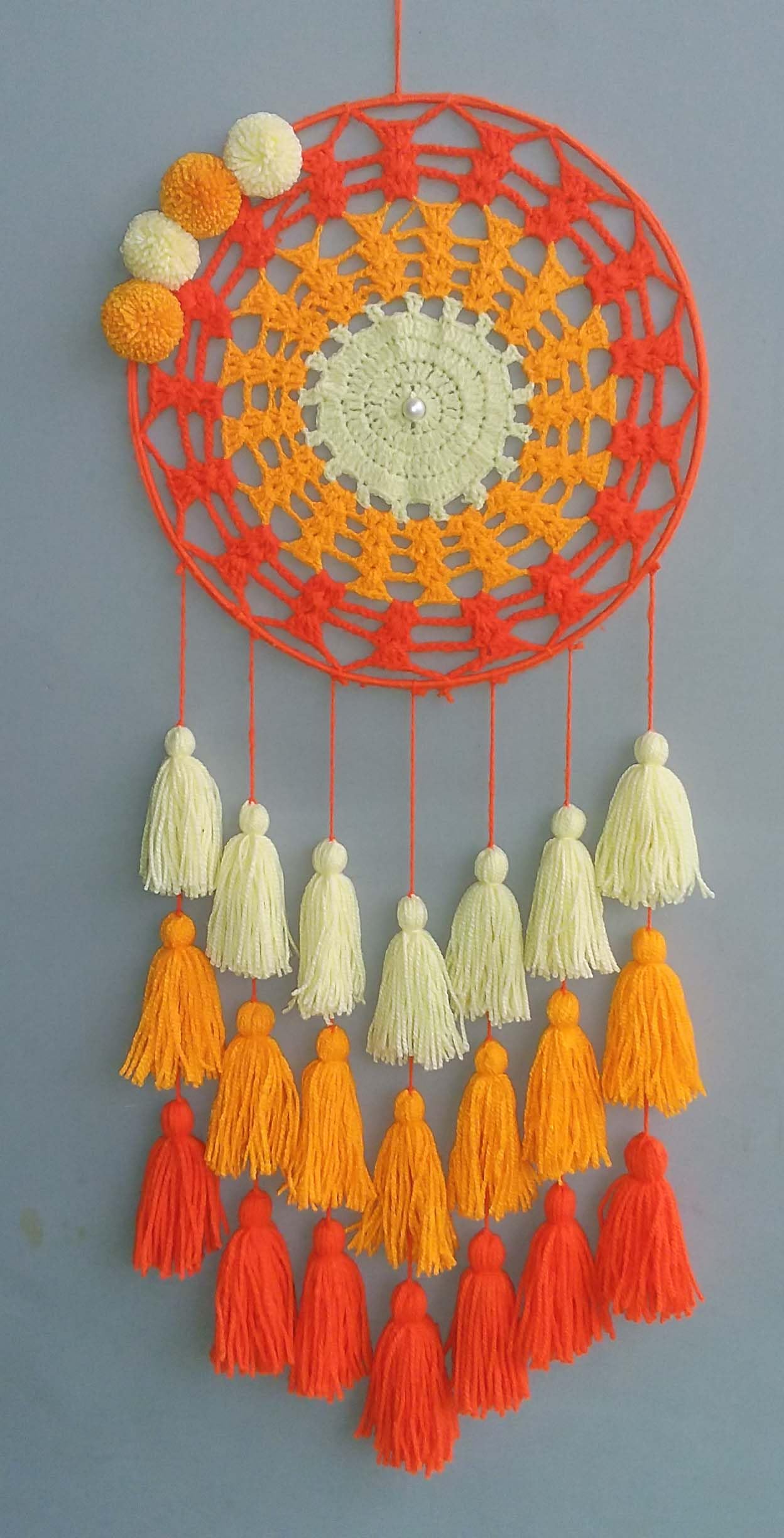 Kavya Craft Present Handcrafted Marigold-Ivory-Orange Tasseled Crochet Dream Catcher-image-30