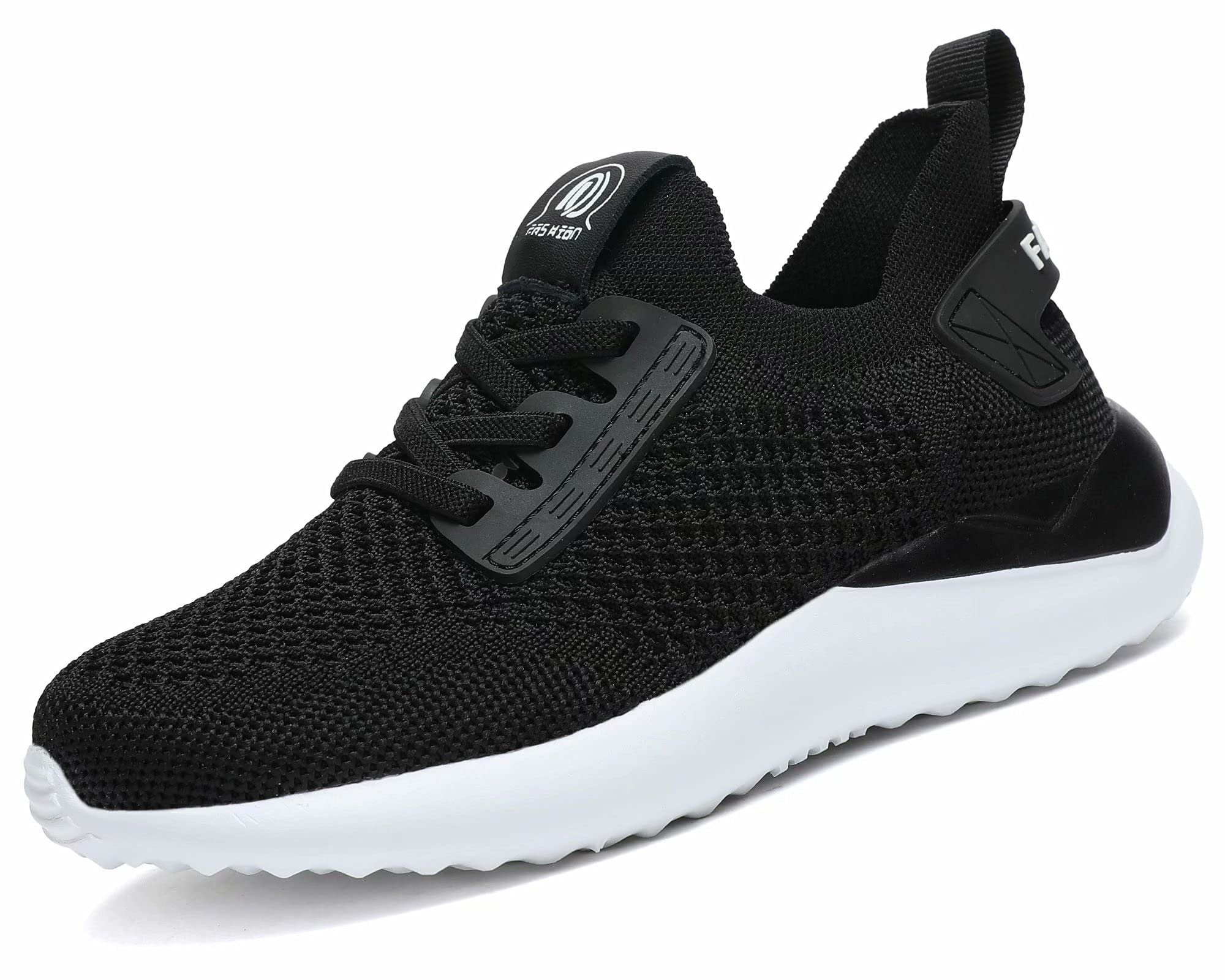 KEEZMZ Kids Running Shoes Girls Boys Children Walking Tennis Slip on Sneakers Lightweight Breathable Athletic Sports Black White