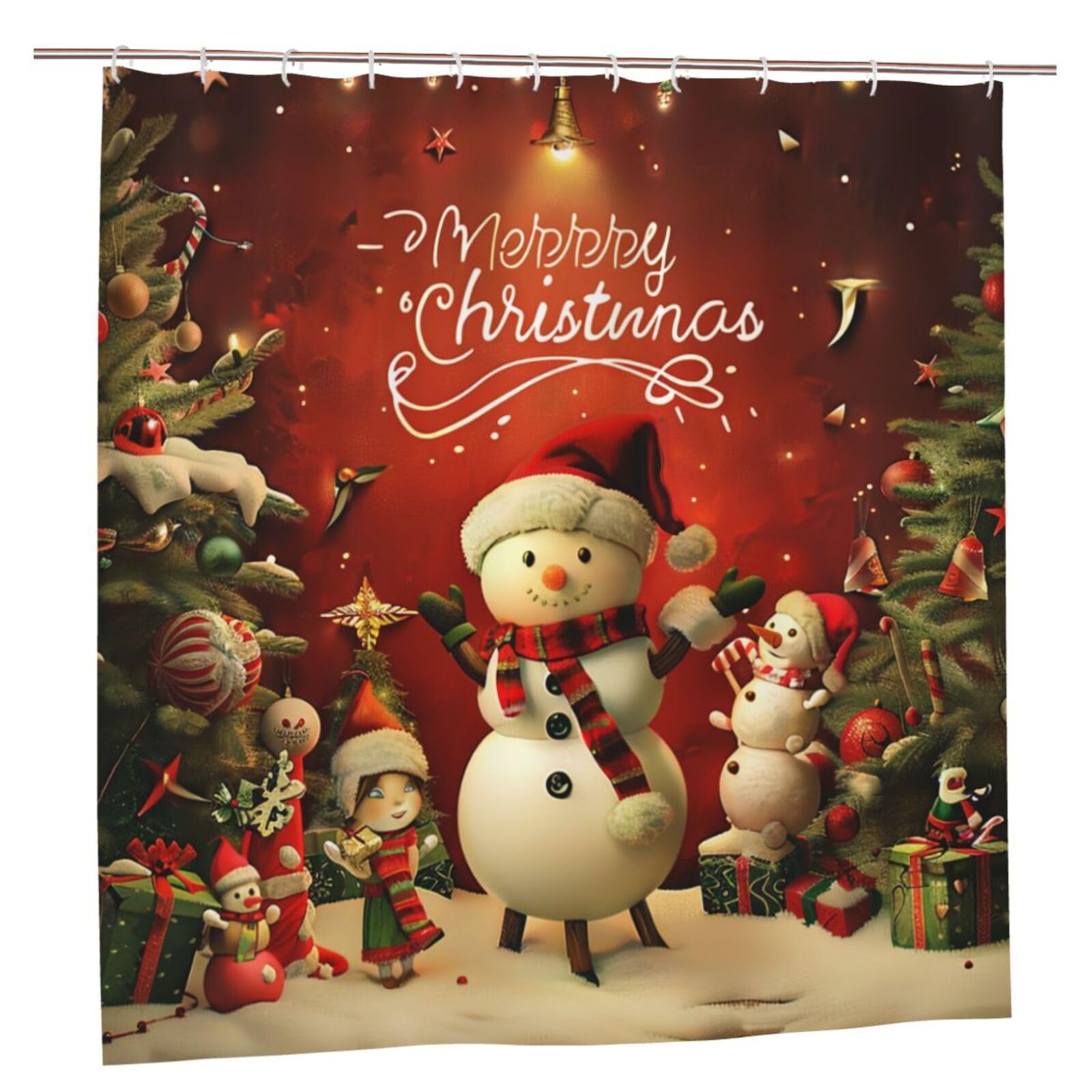 BWWHCCTI Merry Christmas Printed Shower Curtain With 12 Plastic Hooks Opaque Quick Drying Waterproof Shower Curtains Sets For Bathroom 183x183 CM