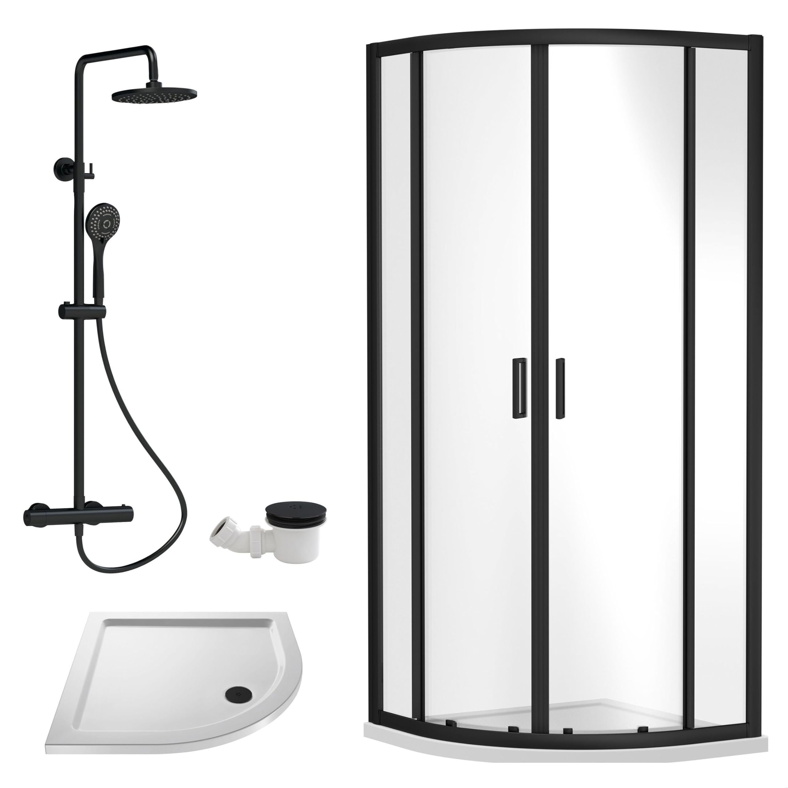Balterley Black Quadrant Shower Enclosure With Quadrant Tray, Waste & Thermostatic Shower Kit, 6Mm Toughened Safety Glass Door, Bar Handle Sliding Glass Door, Round Showerhead & Handset (Black)