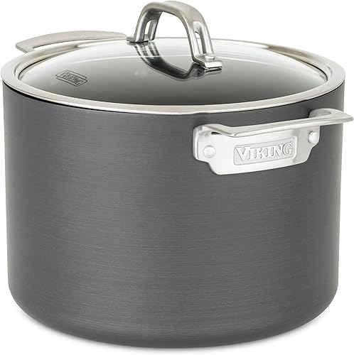 Viking Olla antiadherente, 8 cuartos de galón anodizada dura olla de sopa antiadherente con tapa de vidrio, gris