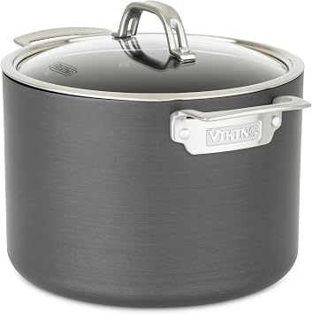 Viking Non Stick Stock Pot, 8 Quart Hard Anodized Nonstick Soup Cooking Pot wth Glass Lid, Gray