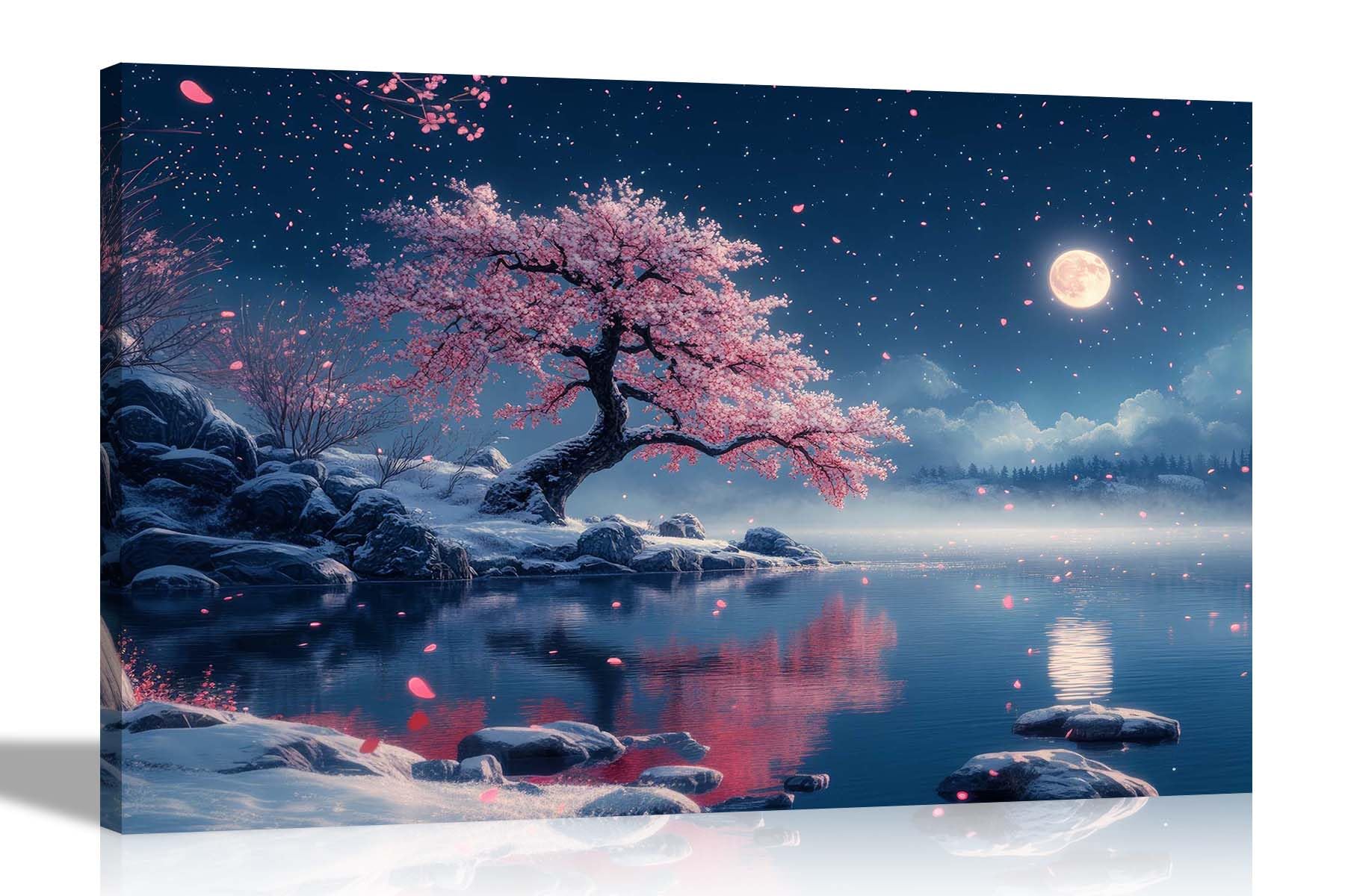 Artley Prints Mountain Lake Winter - Winter Lake Mountain Landscape Pink Cherry Tree Canvas Wall Art Prints Framed Pictures Contemporary Artwork Large 86 X 61Cm (34 X 24 Inches) A1