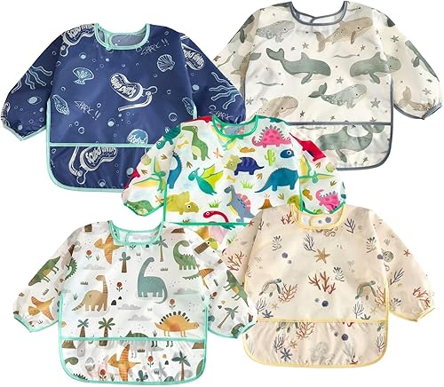PandaEar Paquete de 5 baberos de manga larga para bebé, babero impermeable de manga completa para bebés de 6 a 36 meses