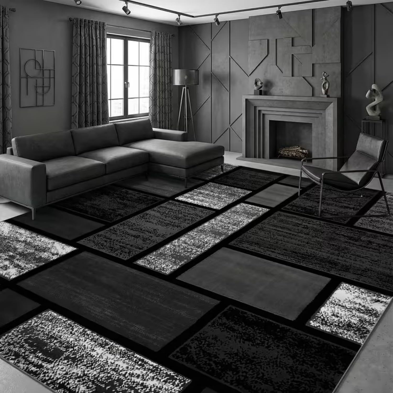 SOJAWA Black Grey Silver Geometric Area Rug 90x150cm, Modern Industrial Patchwork Living Room Rugs, Washable Non Slip Low Pile Soft Indoor Rug for Bedroom Home Office