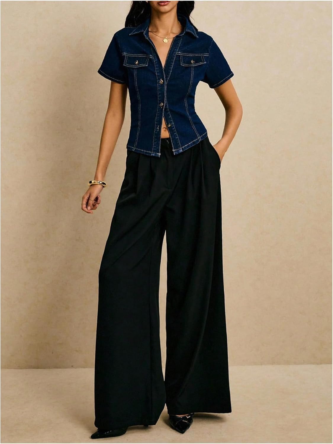 OYOANGLE Women's Short Sleeve Button Down Denim Jackets Collared Fitted Y2K Jean Shirt Tops - Image 5