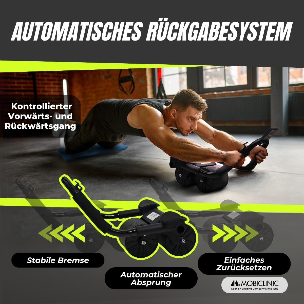 Mobiclinic®, Bauchroller mit rückholfeder, Ab roller, Ellbogenstütze, Digitaler timer, Antirutschmatte, Doppelrad, Handyhalter, Ra-02, Home gym, Fitness