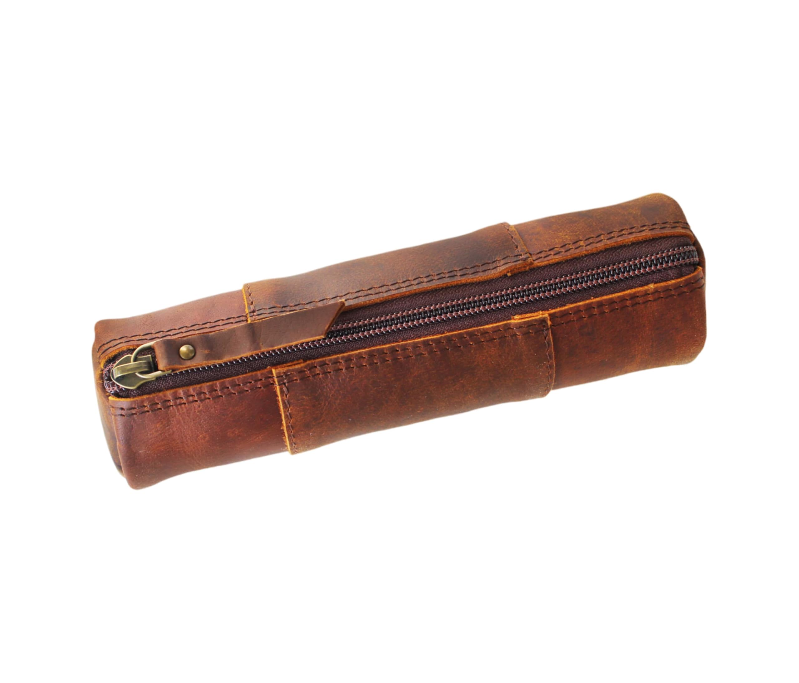 Estuche para lápices de Cuero Vintage Genuino portalápices con Cierre Cremallera Organizador Pinceles artística Marcador Oficina papelería Regalo para Estudiantes Artistas Pintores escritores