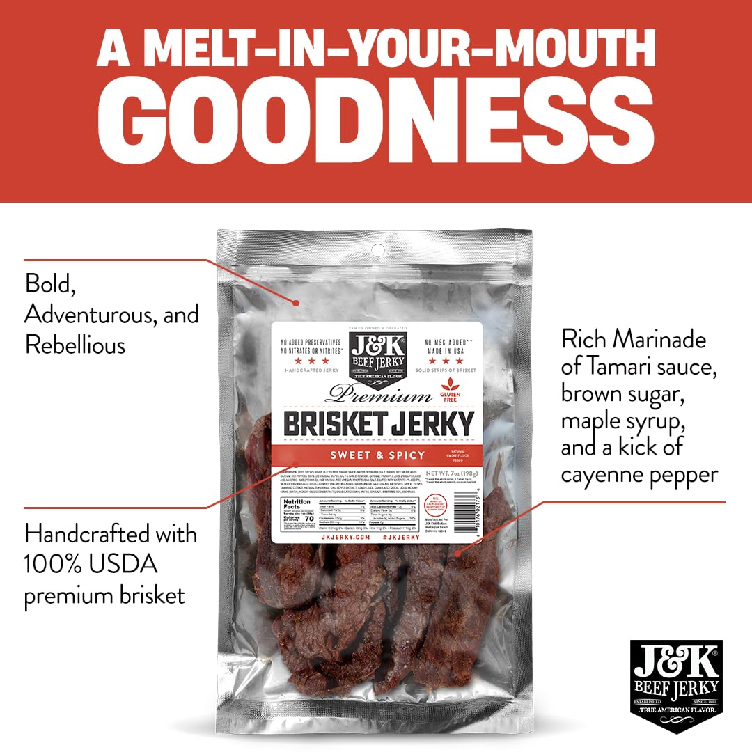 J&K Jerky Sweet & Spicy Brisket, Small Batch Handcrafted Beef Jerky 7 oz