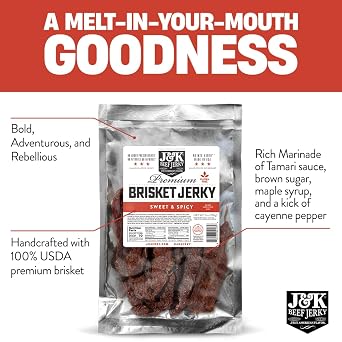 J&K Jerky Sweet & Spicy Brisket, Hand Crafted Small Batch American Made Slab Jerky - Soft & Tender - 7oz Big Bag of Jerky's