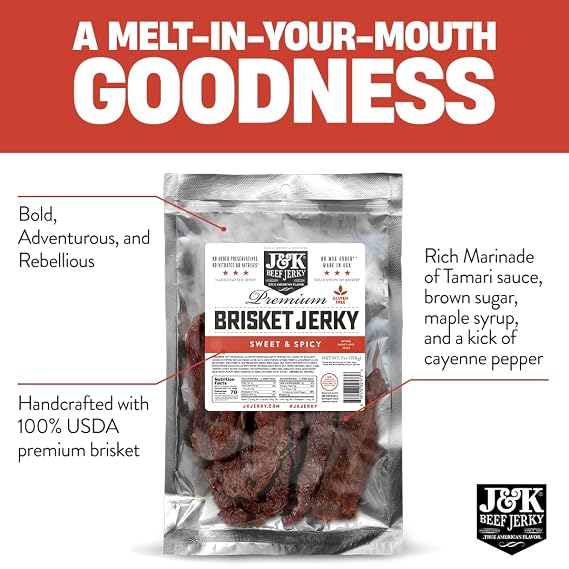 J&K Jerky Sweet & Spicy Brisket, Hand Crafted Small Batch American Made Slab Jerky - Soft & Tender - 7oz Big Bag of Jerky's