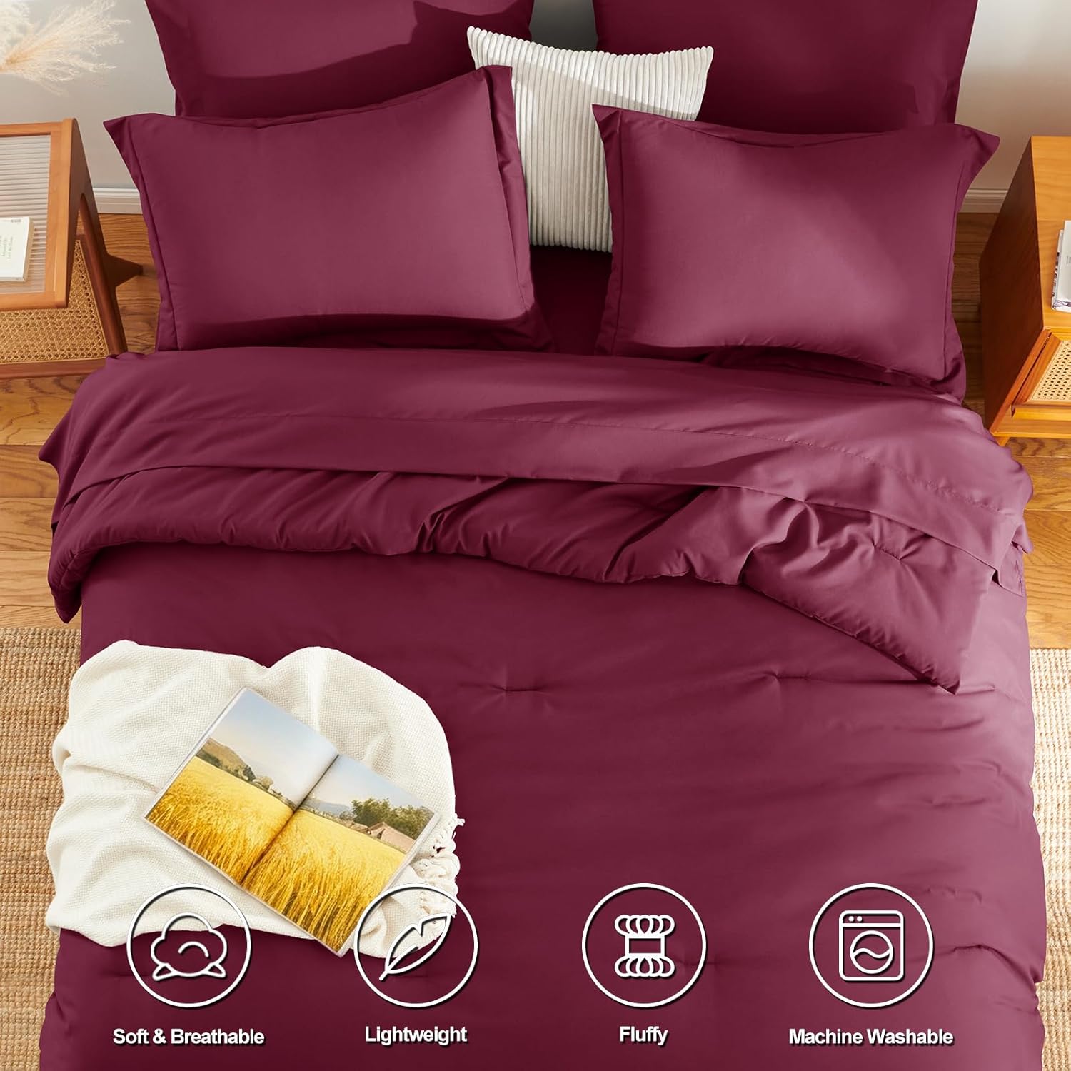 full size comforter sets - 7 pieces burgundy bed in a bag, soft lightweight bedding set, all season bed set with comforter, flat sheet, fitted sheet, pillowcases & pillow shams burgundy full