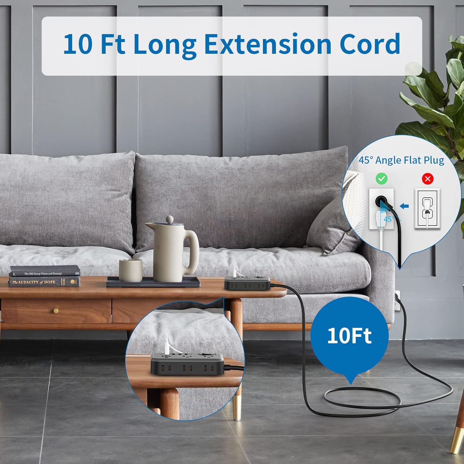 Extension Cord 10/25 Ft NTONPOWER Long Extension Cord with 6 Widely Spaced Outlet, Power Strip with 4 USB Port(2 USB-C), Wall Mount for Home Office, Dorm Room and Nightstand, Black
