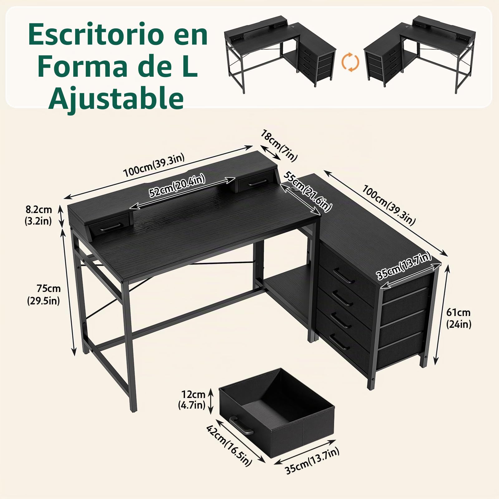 Escritorio Gaming Esquinero con Cajones y Soporte para Monitor | Reversible izquierda/derecha, 135 × 100 cm, Negro, Ideal para PC y oficina en casa