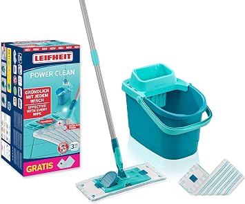 Leifheit Power Clean M seti, sırtı koruyan zemin sileceği, temizleme bıçaklı ve silme bezi presli, kovalı paspas seti ve 2 x mikrofiber silme kılıfı, tüm sert zeminler için, klik sistemi