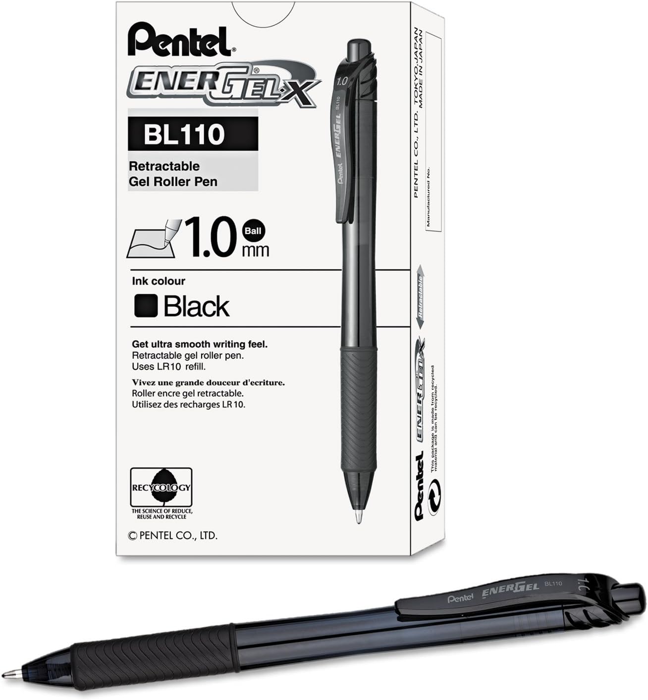 Pentel BL110A EnerGel-X Retractable Roller Gel Pen, 1mm, Trans Black Barrel, Black Ink, Dozen
