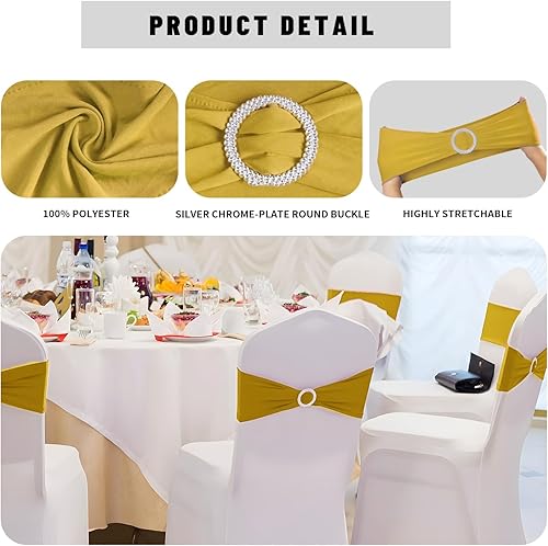 Miniatura 3 de 50 bandas de elastano doradas para sillas para bodas, bandas elásticas para sillas con hebilla, lazos para sillas deslizantes, bandas para