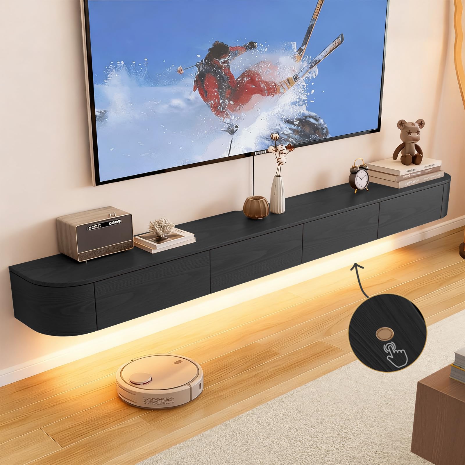Pensile TV Moderno in Legno Massello con Illuminazione LED | Consolle per Divertimento Montata a Parete con Antine Ribaltabili | Panchina TV per Soggiorno e Ufficio (Nero, 200cm)