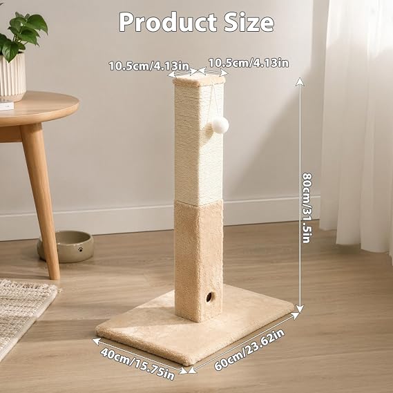 Cat Scratching Post Indoor Cat Tree with Natural Sisal Rope Interactive Dangling Toy Ball & Self-Grooming Brush Vertical Claw Scratcher for Kittens and Adult Cats (Beige)