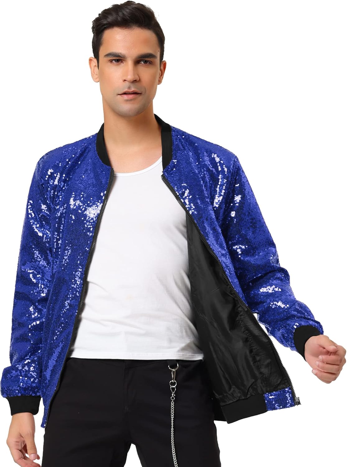 Lars Amadeus Men's Varsity Jacket Halloween Party Disco Shiny Sparkly Glitter Bomber Sequins Jacket - Image 2