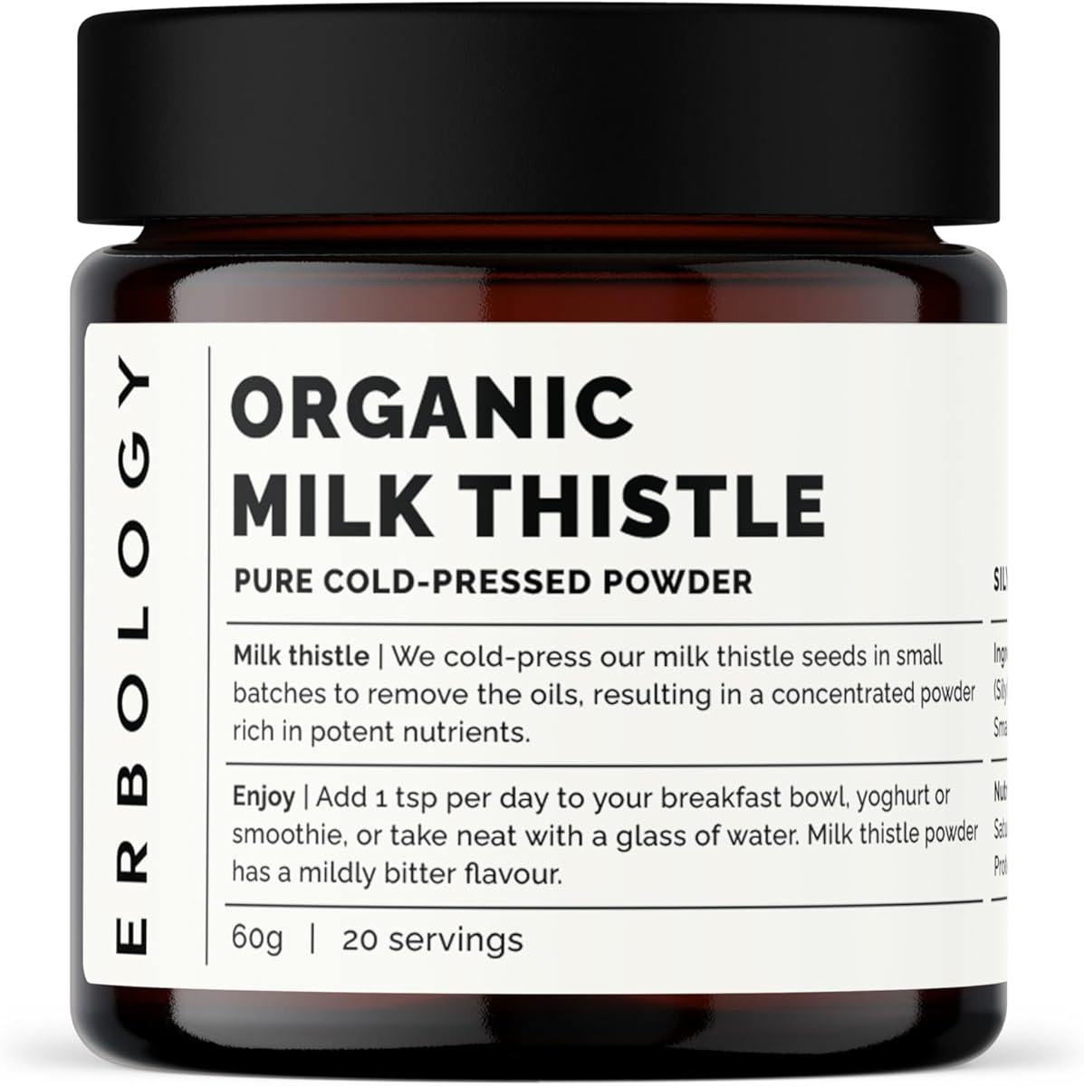 Erbology Erbology Organic Milk Thistle Powder 2.1 oz - 20 Servings - 180mg Silymarin per Serving - Liver Health - Cold-Pressed from 100% Milk Thistle Seeds - Sustainably Sourced in Europe - Vegan - GMO-Free