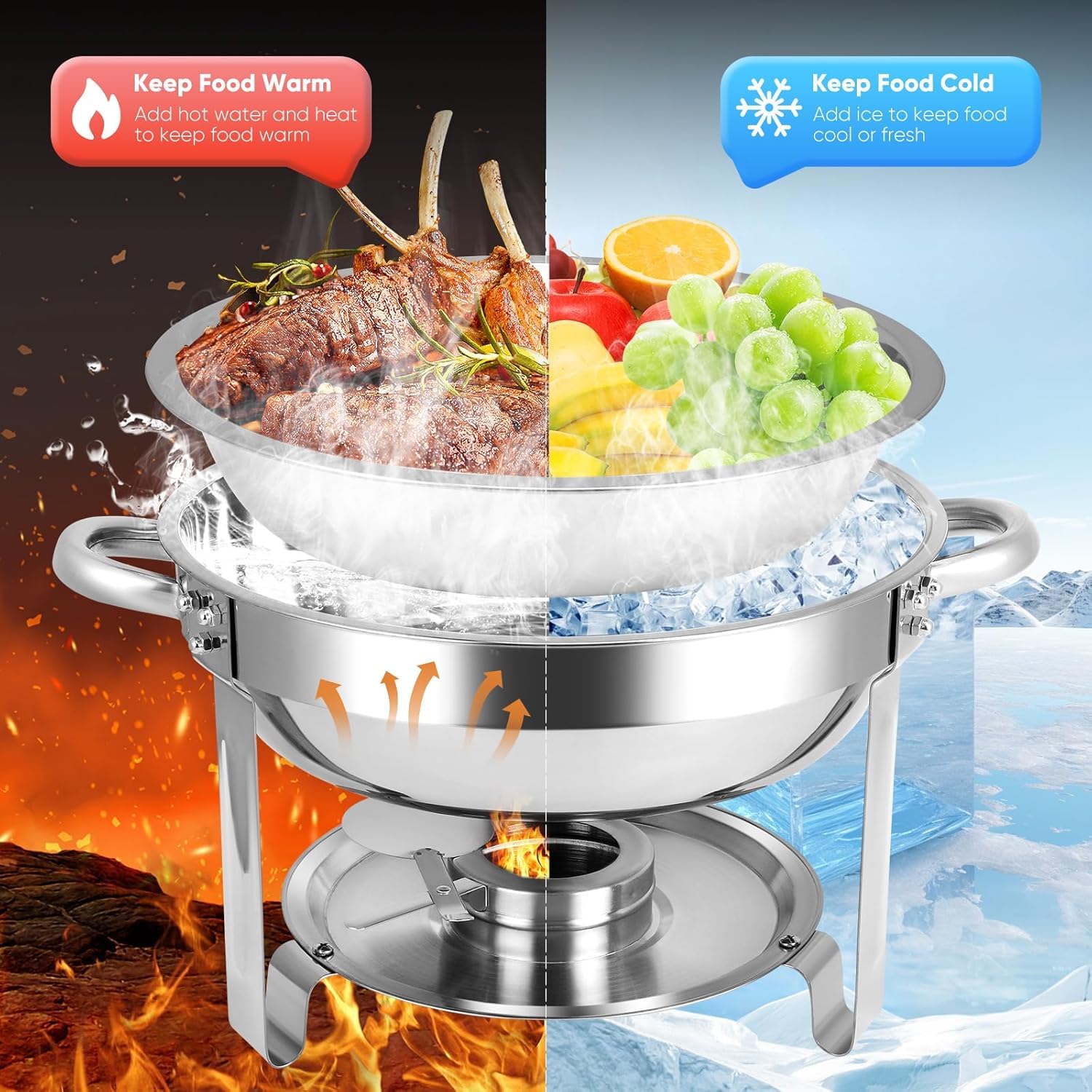 Acciaio Inossidabile Rotondo Buffet Chafing Piatto Vetro Lid 6 Litre Cibo Scaldabagno Catering, Chafing Dish Catering Buffet Warmer Set, per Feste, Buffer e scaldavivande con Coperchio Set