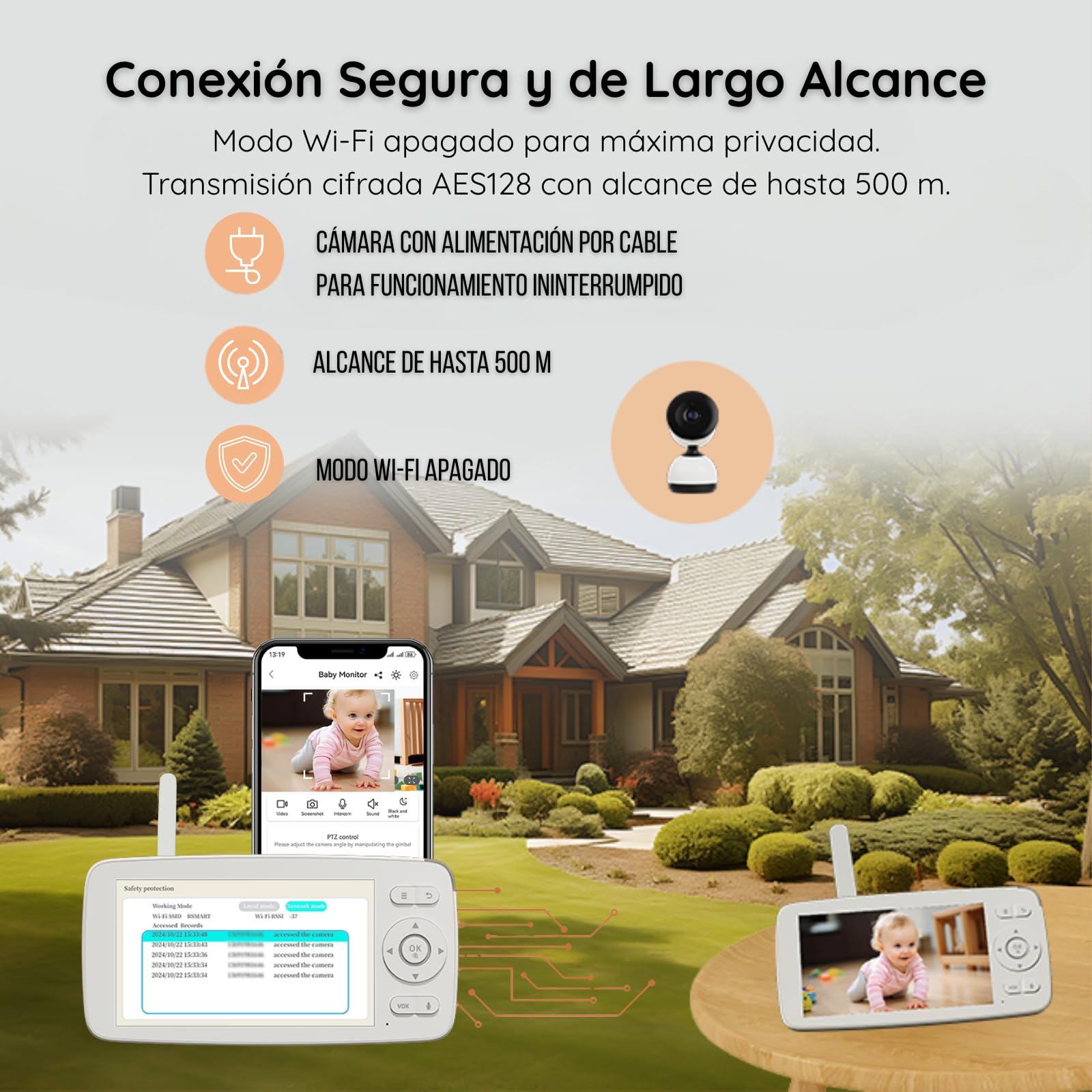 Cámara de vigilancia para bebé PTZ, Full HD 1080P, monitor IPS de 5", audio bidireccional, detección de llanto y movimiento, visión nocturna, VOX, modo Wi-Fi apagado, Wi-Fi remoto, largo alcance 500 m