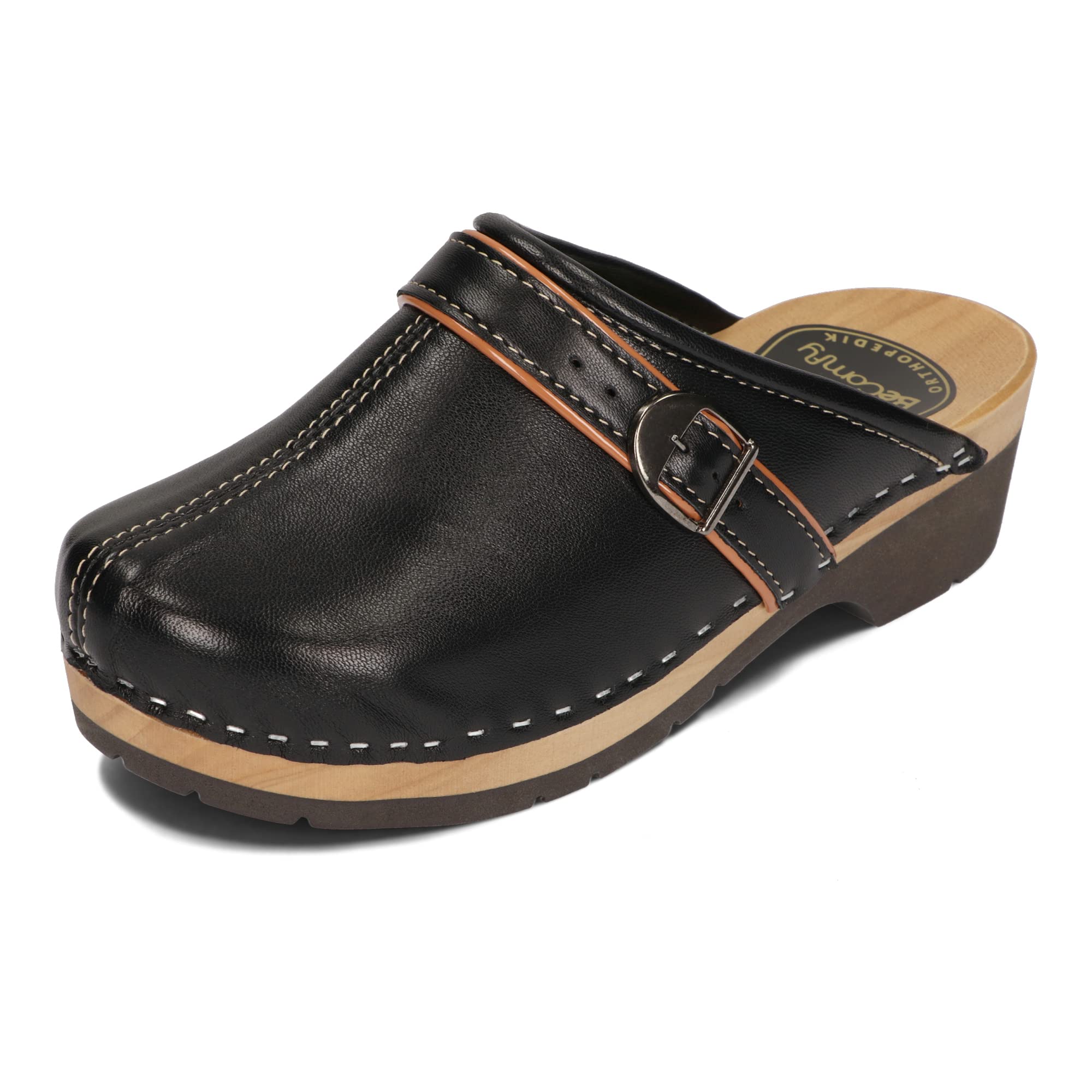 BeComfy Sabots en Cuir pour Femmes avec Semelle en Bois Noir Bleu 35-41 EU