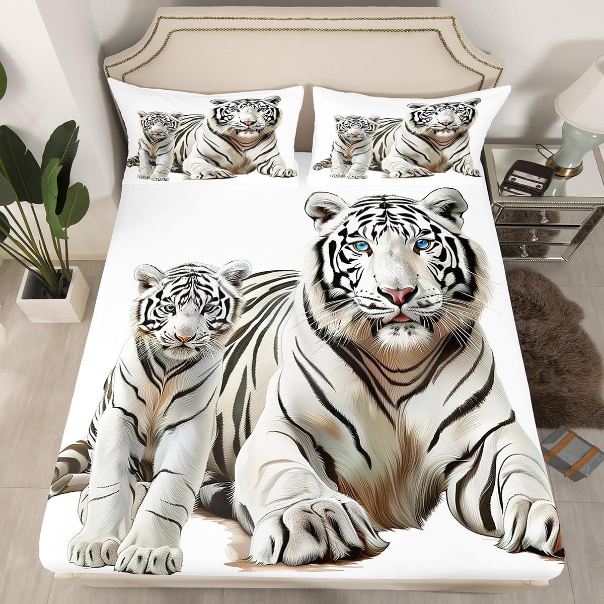 Erosebridal White Tiger Bedding Set Wildlife Sheet Set Animal Fitted Sheet Parent-Child Theme Bed Cover Room Decoration for Kid Men Women Full Size 1 Fitted Sheet 2 Pillow Cases
