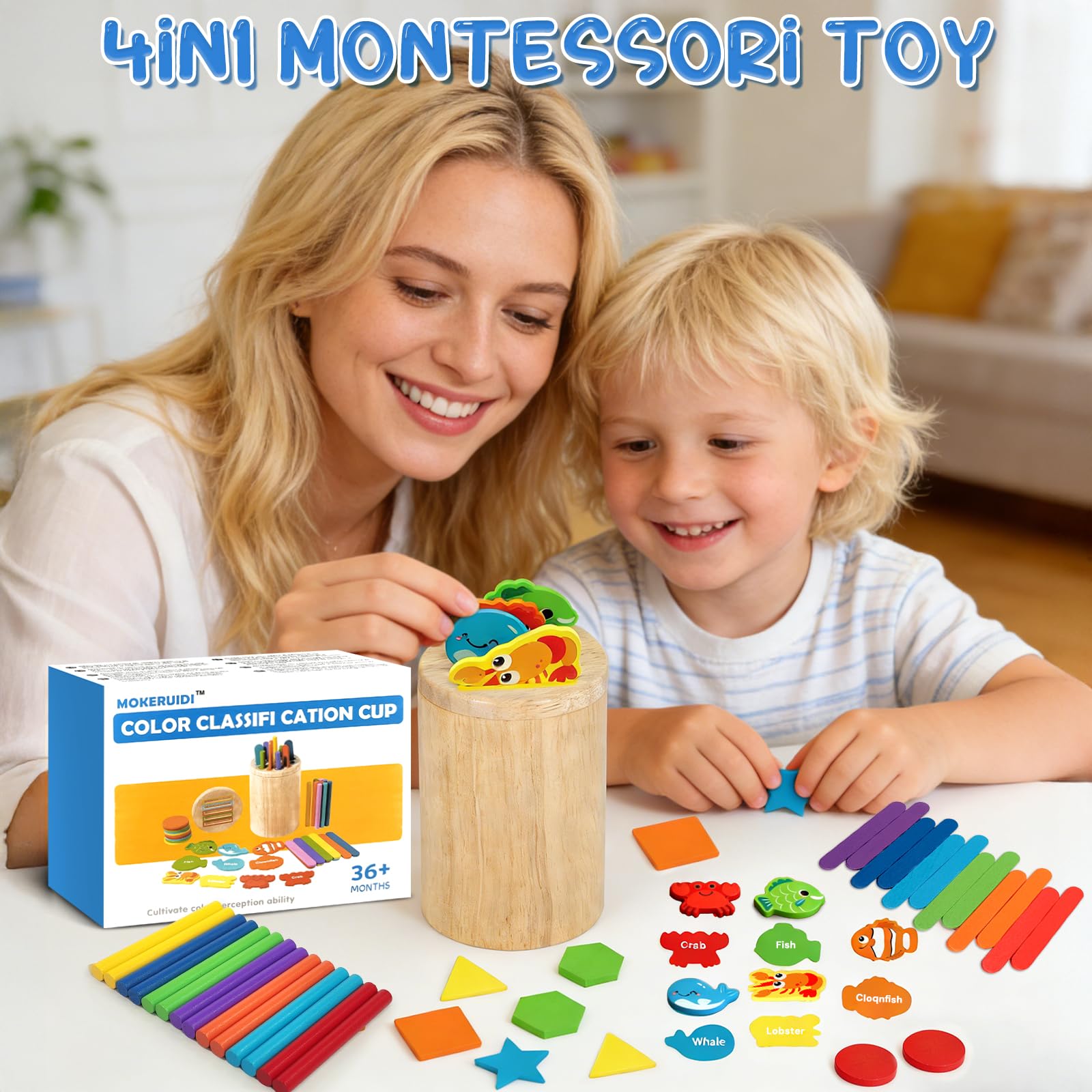 Giochi Bambini 4 5 6 Anni, 4 in 1 Giochi Montessori, Classificazione delle Forme e dei Colori, impilamento e smistamento, Giocattoli Montessori per Bambini di 4+ Anno Regali Educativi