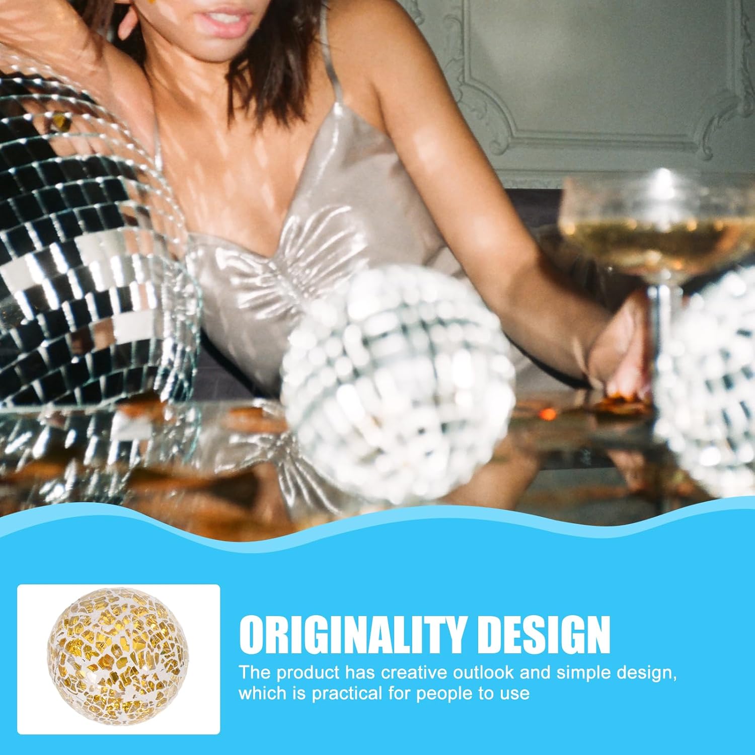 2.36 Inch Decorative Glass Balls Set of 6 Blue and Gold Mosaic Orbs Home Decor Table Centerpieces Vase Fillers Party Accents