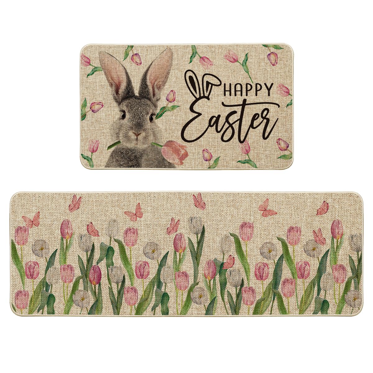 Artoid Mode Flowers Bunny Rabbits Happy Easter Kitchen Mats Set of 2