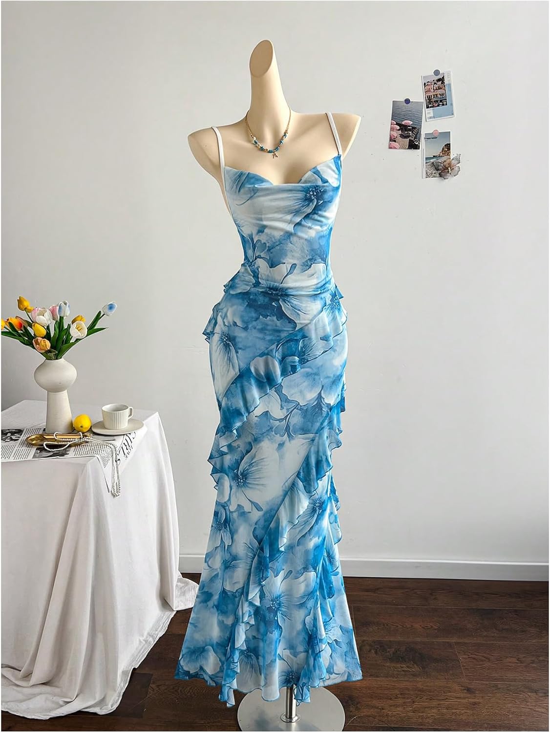 GORGLITTER Women's Floral Mesh Fishtail Maxi Dress Summer Ruffle Backless Wedding Guest Vacation Cocktail Long Sundress - Image 5