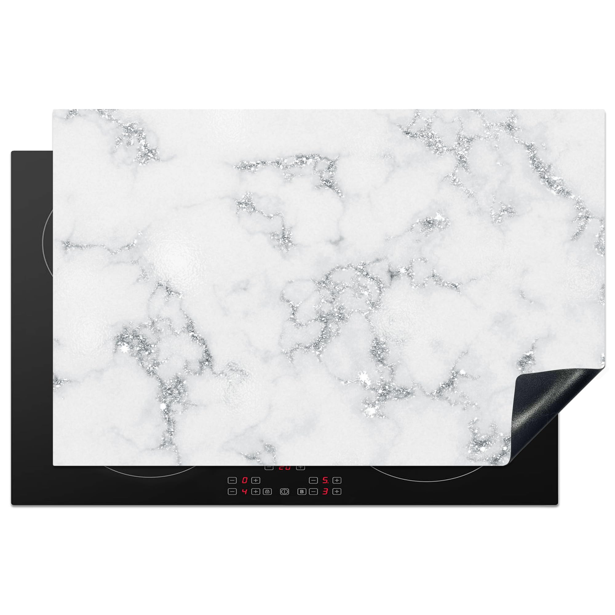 KitchenYeah© Induction Hob Protector Mat 20.8"x32.1" / 81.6x52.7 cm Cooker Top Protectors Cover Ceramic Covers Electric Hobs Vinyl Marble - White - Silver - Glitter - Marble Look - Chic — image 1