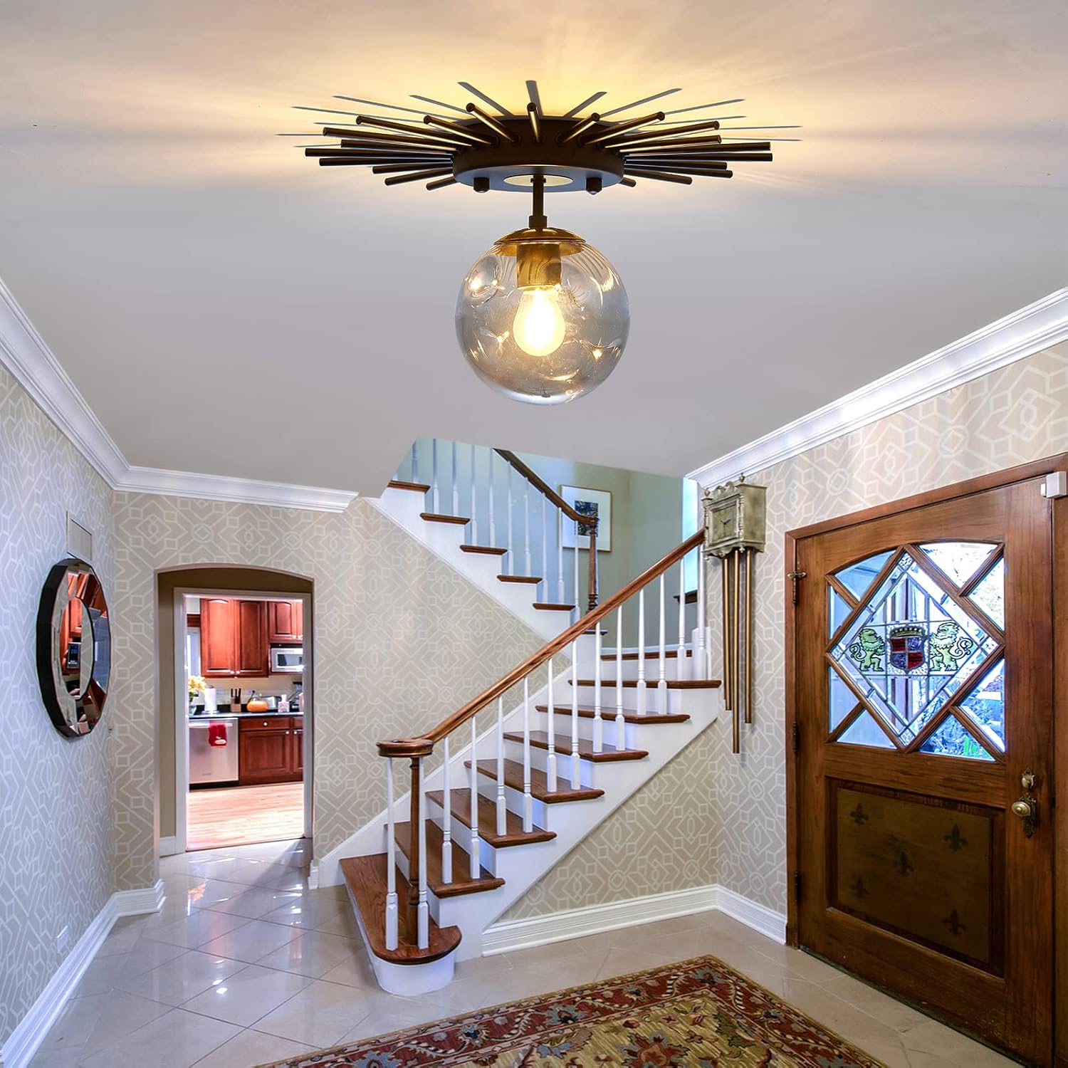 UOFUS Small Black Flush Mount Ceiling Light with Glass Globe Sputnik Starburst Chandelier 1-Light Close to Ceiling Light Fixture for Hallway Dining Room Bedroom Kitchen Foyer Closet Bathroom