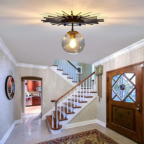 Miniatura 7 de UOFUS Lámpara de techo pequeña de montaje empotrado negra con globo de cristal Sputnik Starburst 1 luz cerca de techo para pasillo, comedor,